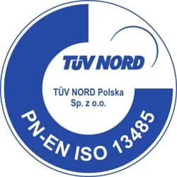 A blue stamp of ISO 13485 certification by TUV NORD
