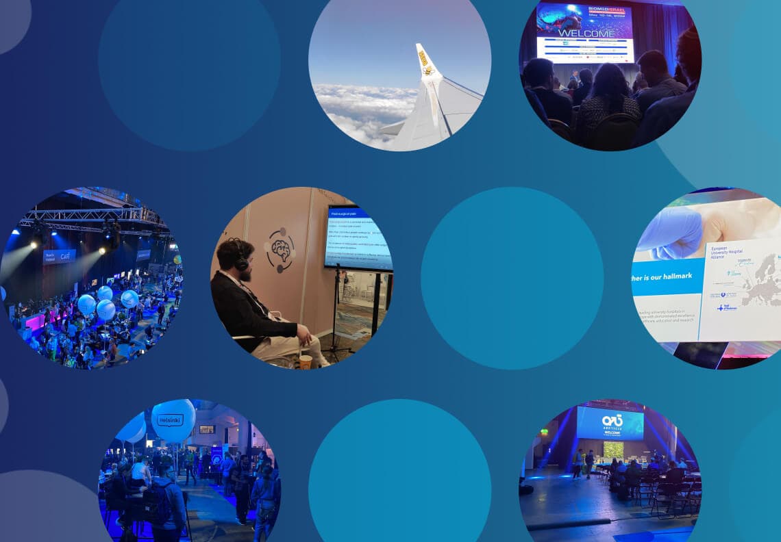 A blue banner with rounded photos from digital health conferences