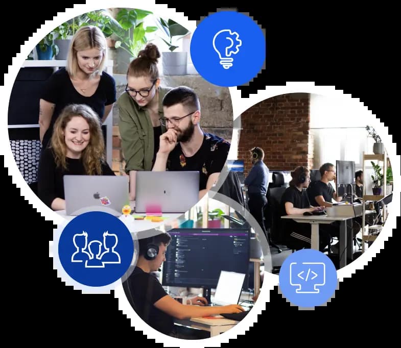Three round photos of Revolve Healthcare office and team members – one showing four employees working together on a project, second one the open office space, and third one a web developer working on his computer