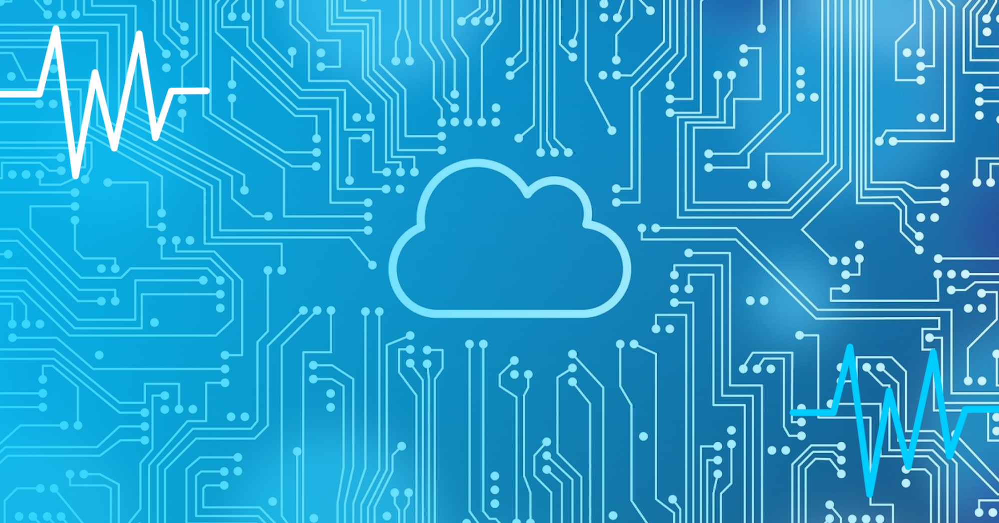 A banner illustrating a cloud surrounded by digital nodes
